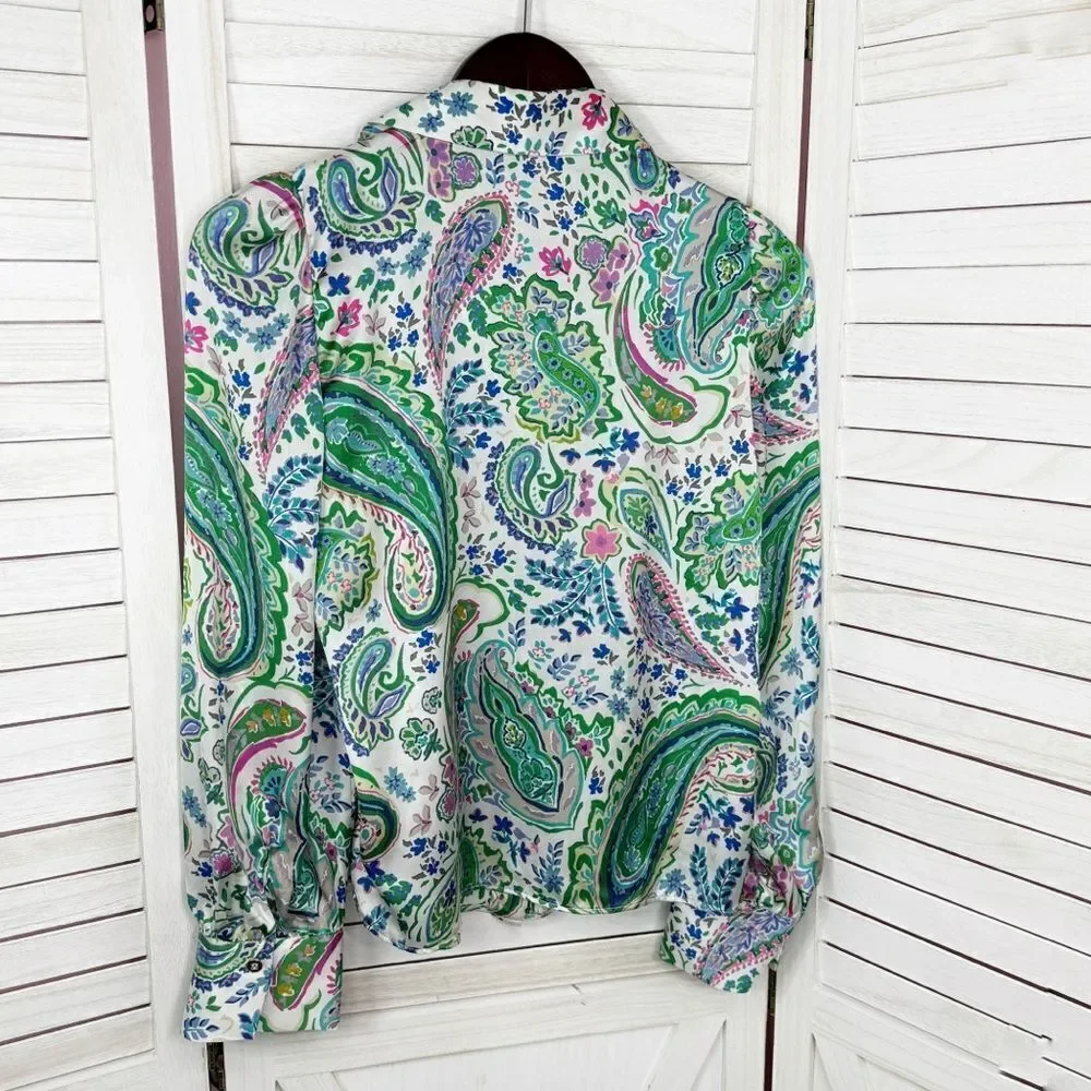 Zara Paisley Satin Button Up Blouse White Multi Small‎